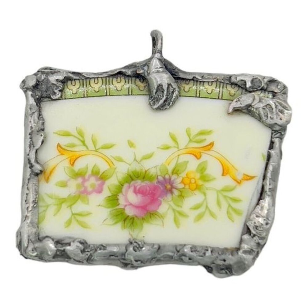 Upcycled Porcelain Necklace With Floral Design & Silver Blend Metalwork Frame - Picture 9 of 11